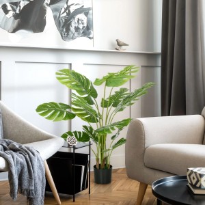 HOMCOM Kunstpflanze 120 cm, Monstera-Optik, grüne Blätter, schwarzer Topf, im modernen Wohnzimmer.