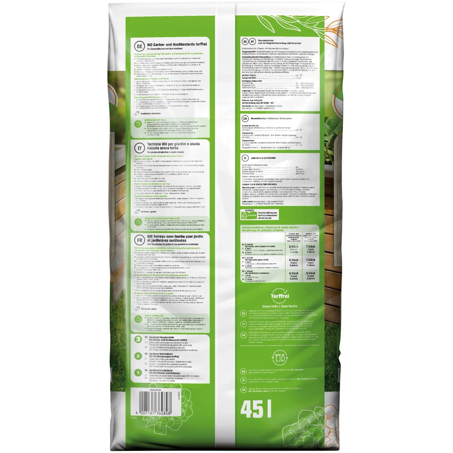 Sack GROW by OBI BIO Garten- und Hochbeeterde, torffrei, 45l. Bio-Pflanzerde für gesundes Wachstum im Garten.