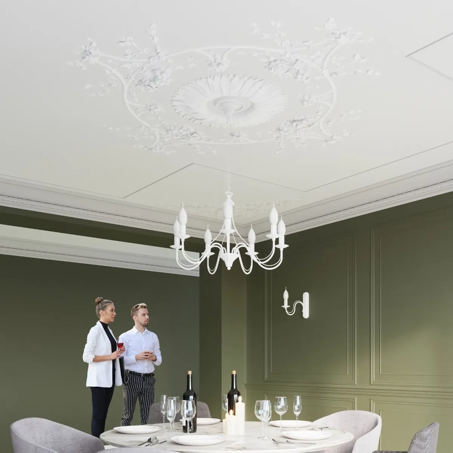 Weißer Sollux Lighting Kronleuchter Minerwa 7 im Esszimmer mit Stuckdecke.