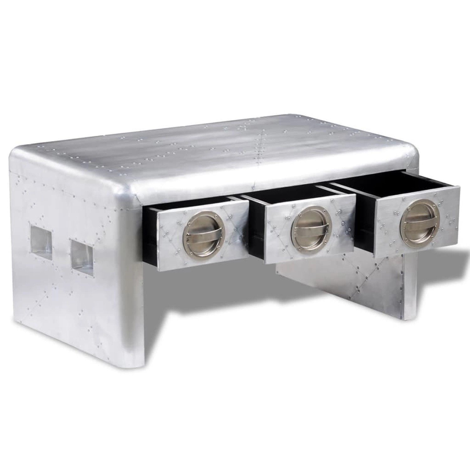 Silberner Couchtisch im Vintage Flugzeug-Stil mit 3 Schubladen. Wohnzimmertisch aus Aluminium und Holz.