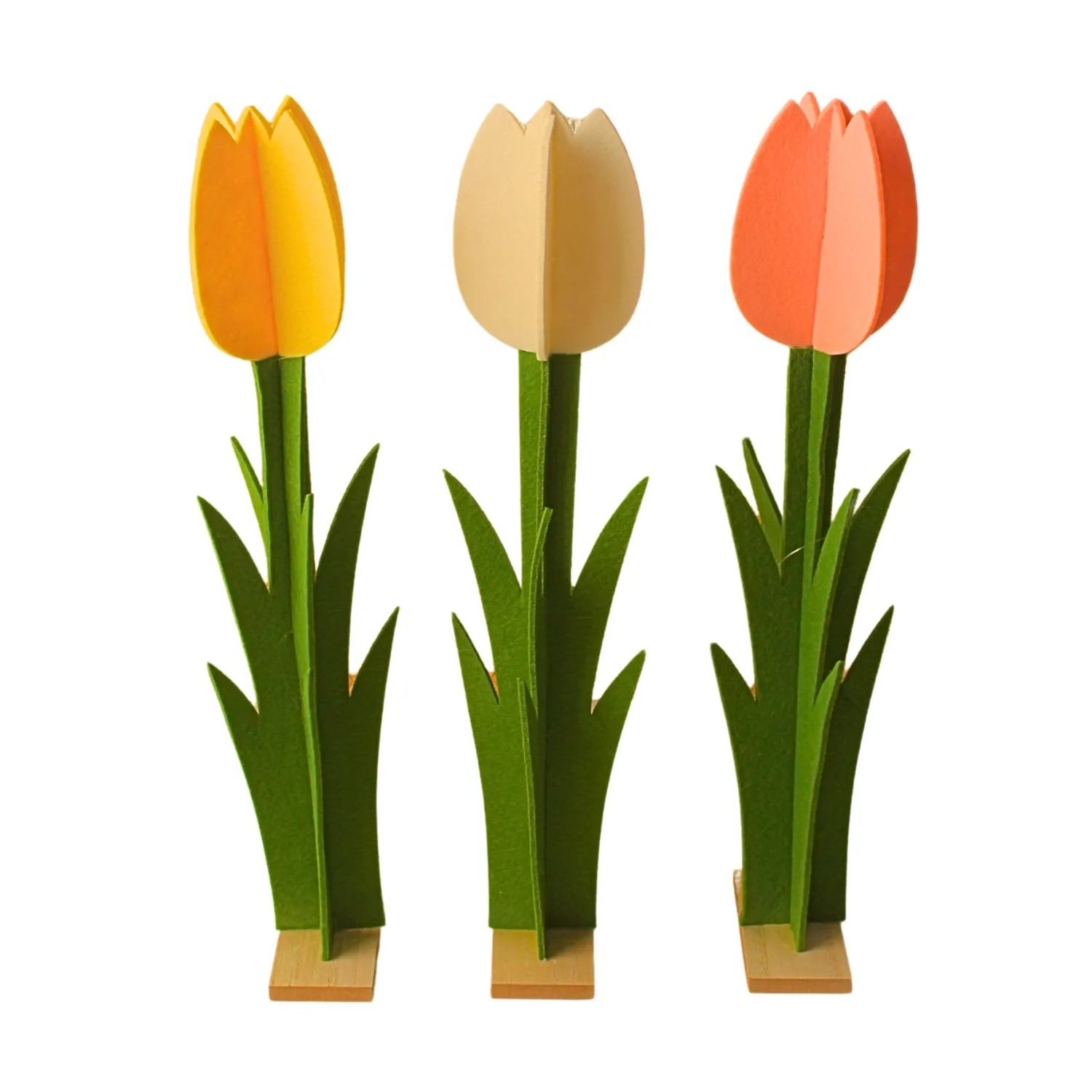 Dekohelden24 3er Set Deko Tulpen Filzblumen Tulpe Kunstblumen Tulpe Blumendeko aus Filz mit Holzfuß in Gelb Pink Weiß L/B/H 7 x 4 x 34cm