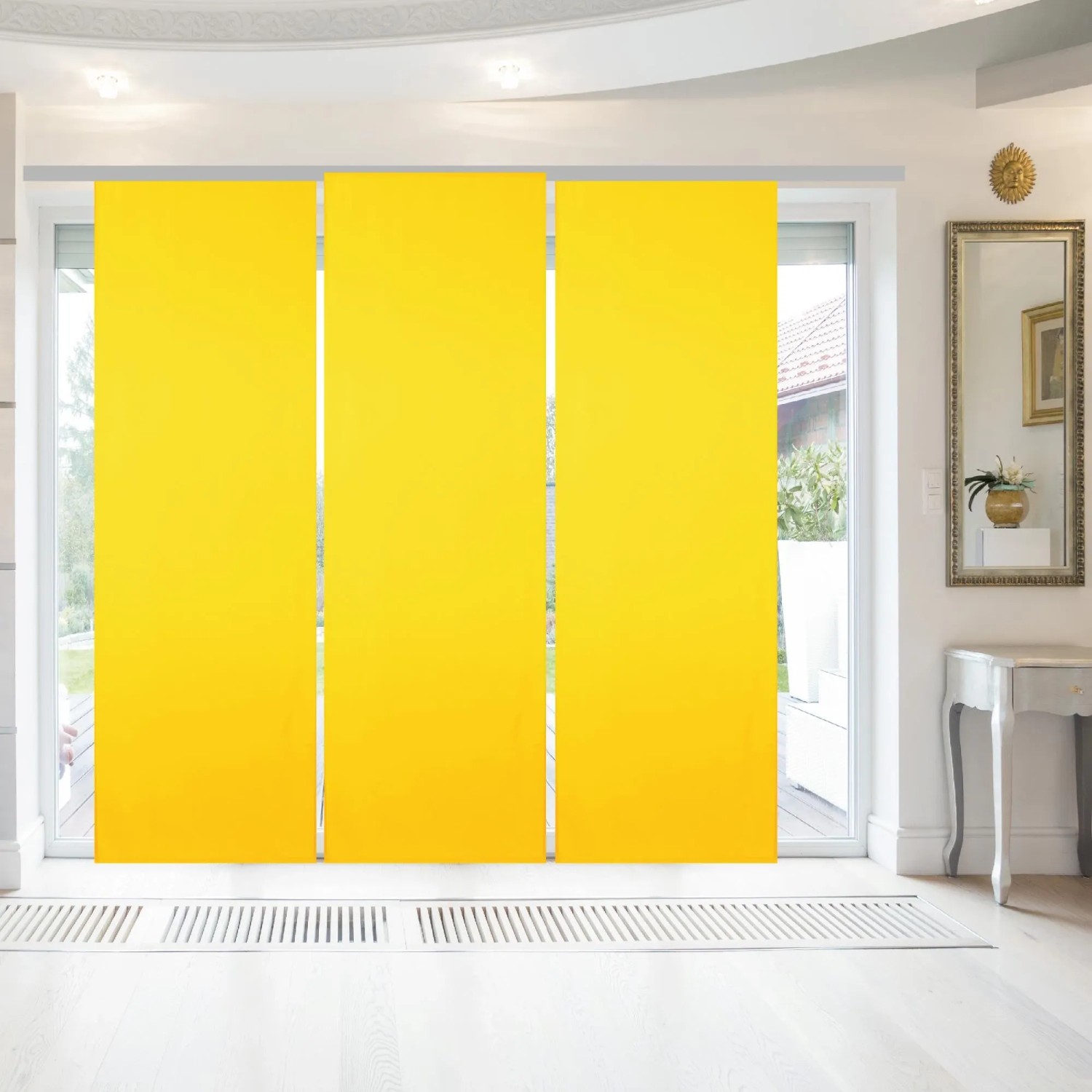 Gelber Flächenvorhang Ellen 3er-Pack: Moderne Fensterdekoration für Wohn-, Schlaf- und Kinderzimmer.