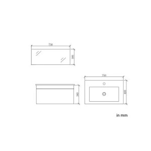 Technische Zeichnung: Jet-Line Waschtisch Como II 75 cm, Waschbeckenunterschrank mit Maßen.