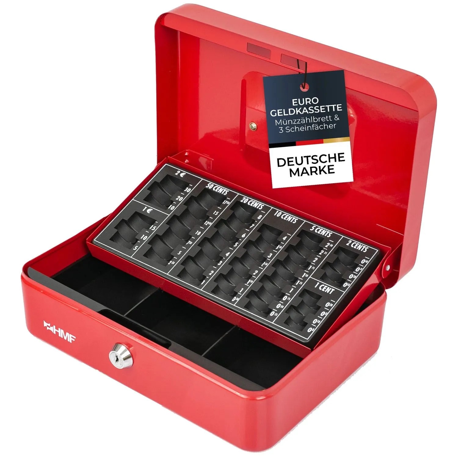 HMF 10022-03 Geldkassette Abschließbar Kasse Euro Münzzählbrett 3 Banknotenfächer 25 x 18 x 9 cm Rot