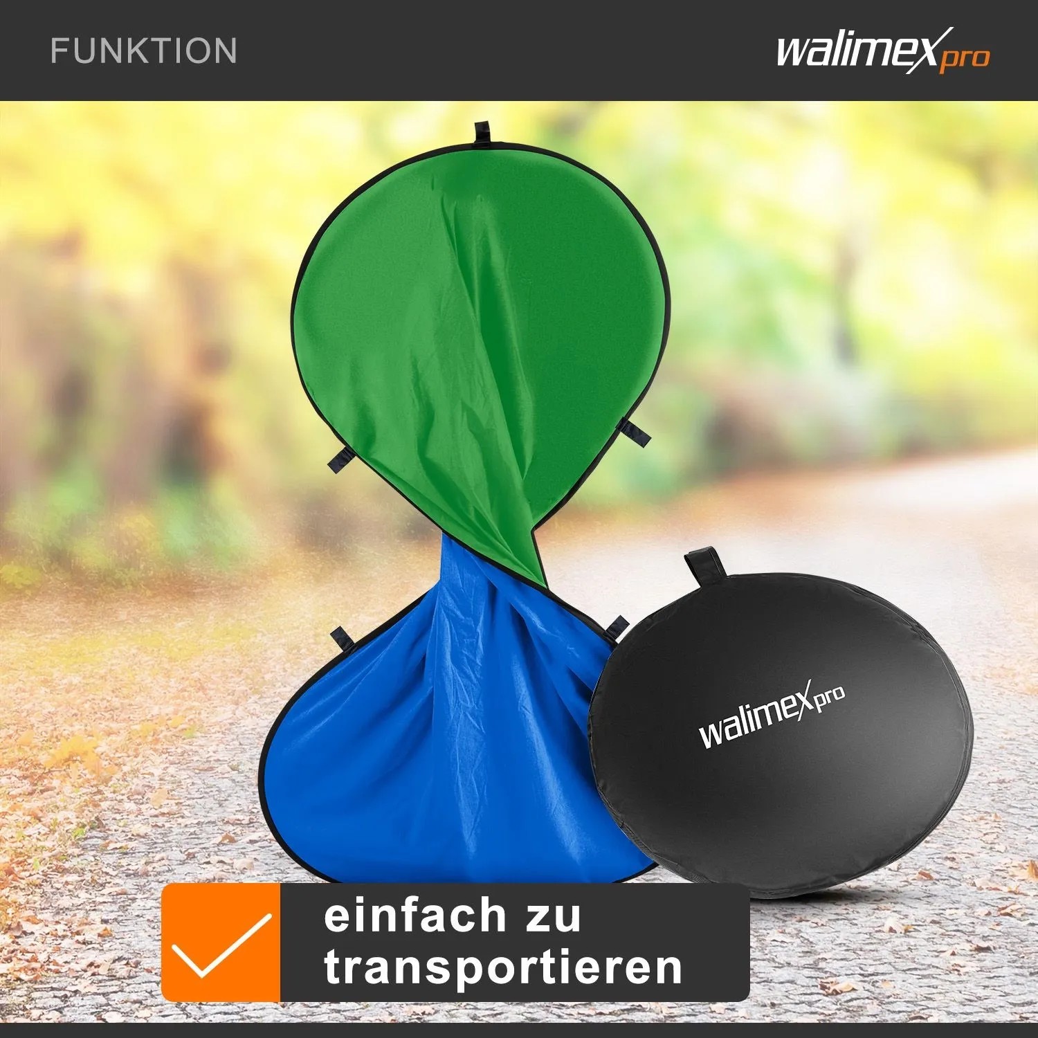 Walimex Pro 2-in-1 Falthintergrund grün/blau, 150x210cm, mit Tragetasche, einfach zu transportieren für Studio & Foto.