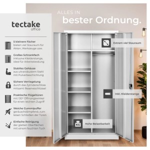 Grauer Tectake Spind aus Stahl mit 2 Türen, 80x40x180 cm, mit Fächern und Kleiderstange.