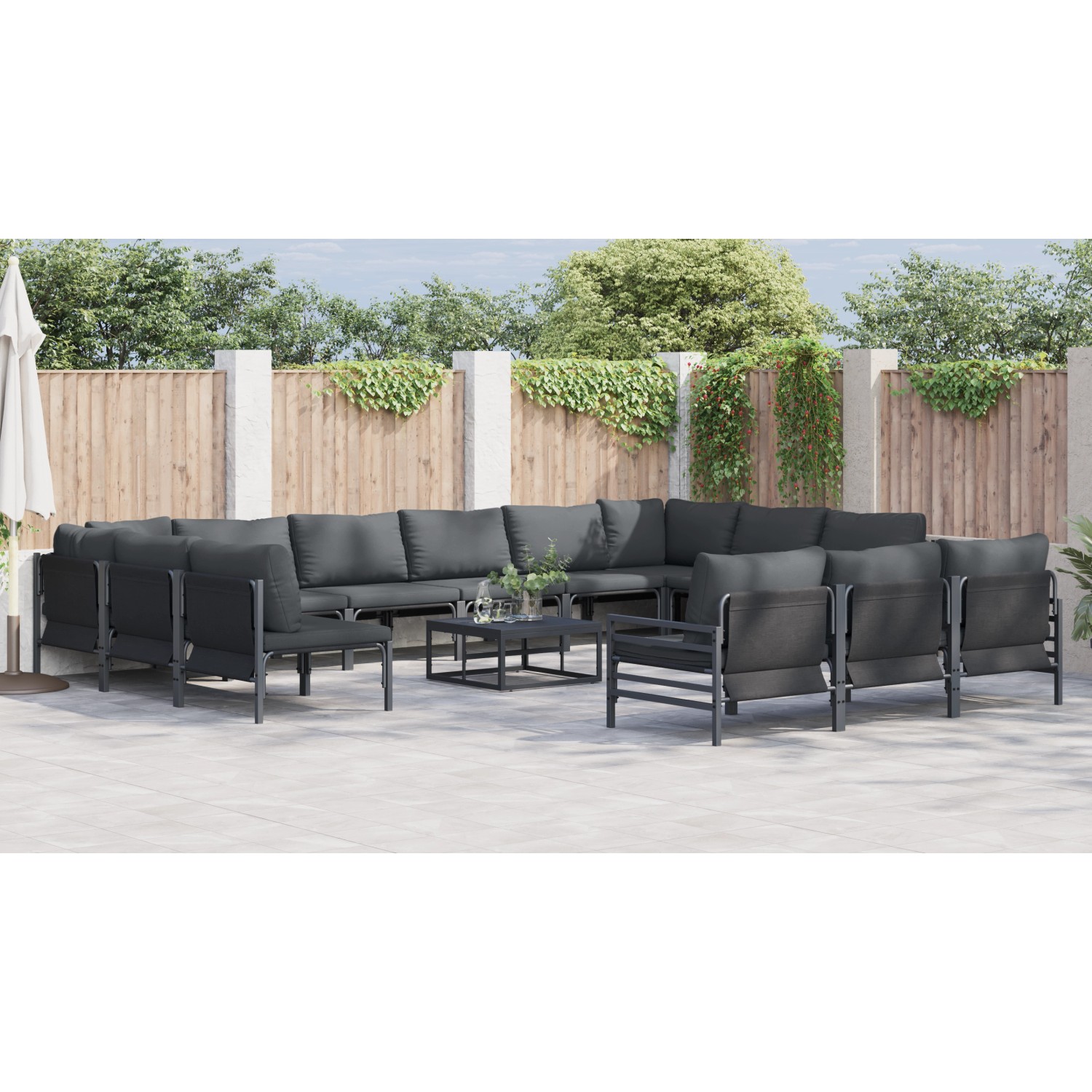Großes, anthrazitfarbenes vidaXL Garten-Sofa-Set (13-teilig) aus Stahl mit Tisch und Polstern.