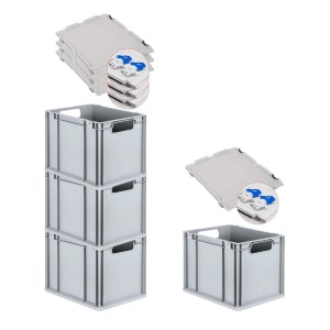 PROREGAL Spar Set: 4 graue Euroboxen mit Scharnierdeckel und blauen Verschlüssen, 30 Liter.