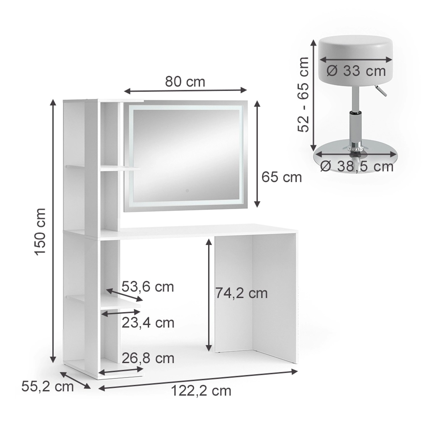 Weißer Vicco Schminktisch Tower (122cm) mit LED-Spiegel und Hocker, Maße.