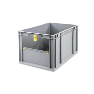 Graue PROREGAL Eurobox mit Entnahmeöffnung und gelben Details, 65 Liter. Ideal zur Aufbewahrung und Transport.