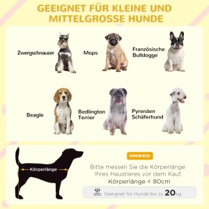 Größenratgeber für PawHut Hundehütte: Beispiele kleiner bis mittelgroßer Hunde, Messanleitung für Körperlänge < 80cm und bis 20kg.