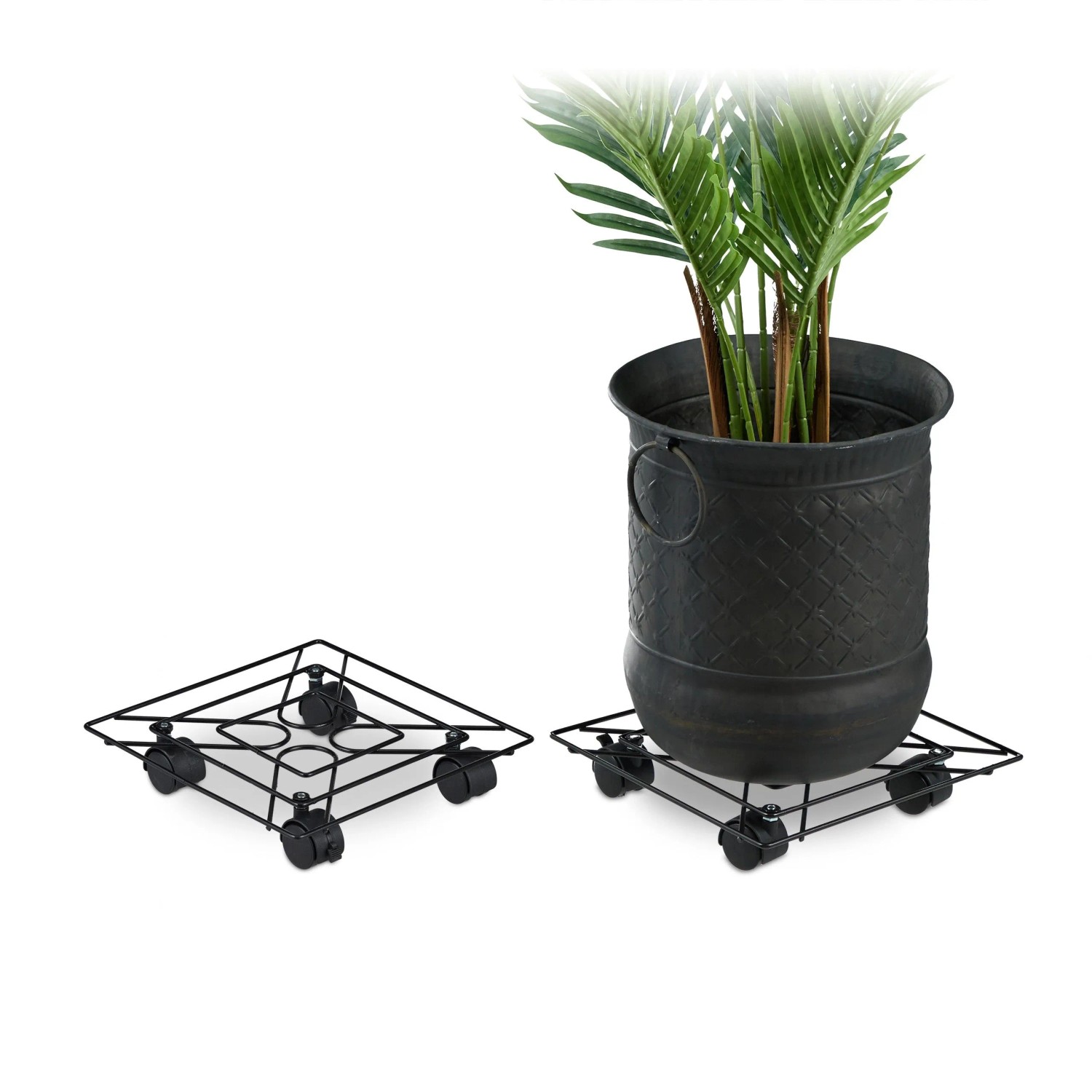 Relaxdays Pflanzenroller 2er Set Stahl Schwarz mit Feststellbremse 28 cm x 28 cm x 5,5 cm