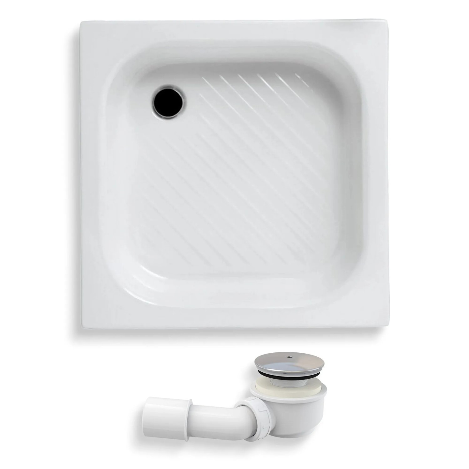 KOLMAN DUSCHWANNE Quadratisch Weiß 70x70 cm Set mit Ablaufgarnitur und Füßen