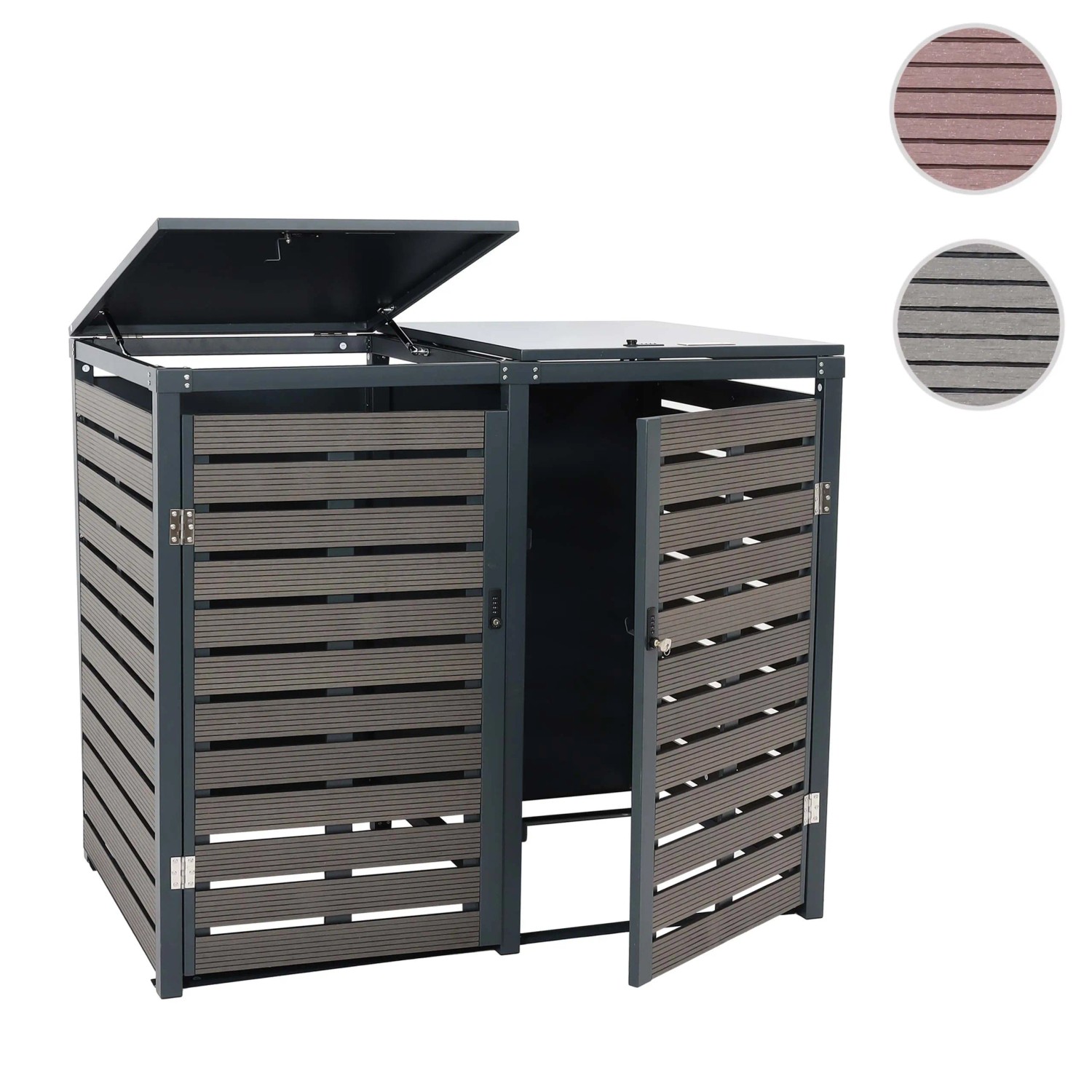 Proregal XL Mülltonnenbox für 2/4 Tonnen, Walnuss-Holzoptik, mit WPC-Verkleidung und Metallrahmen.