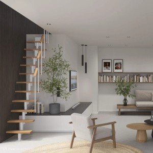 Moderne Intercon Raumspartreppe Delta Premium mit 11 Buche-Stufen, weißem Mittelholm und einseitigem Geländer im Wohnzimmer.