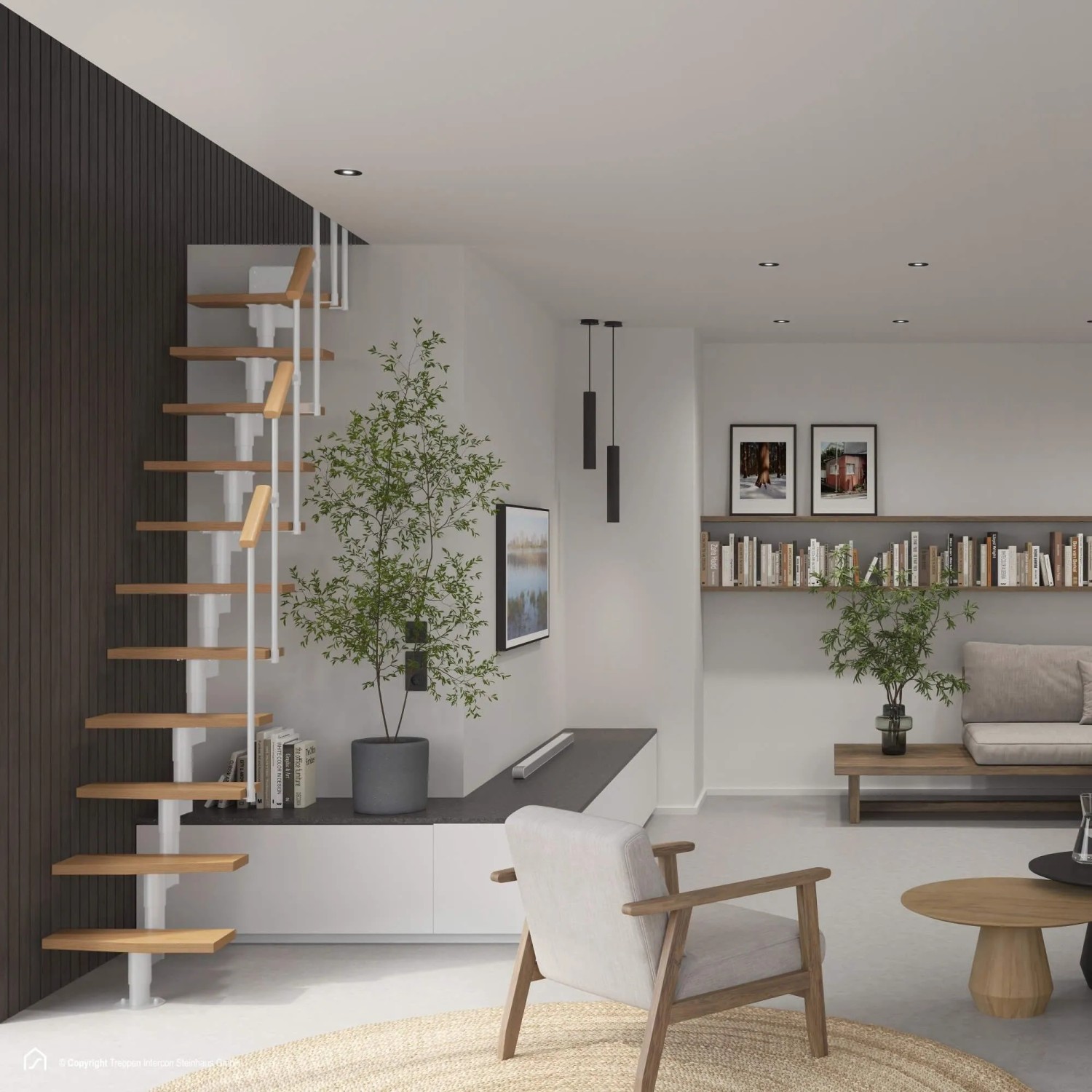 Moderne Intercon Raumspartreppe Delta Premium mit 11 Buche-Stufen, weißem Mittelholm und einseitigem Geländer im Wohnzimmer.