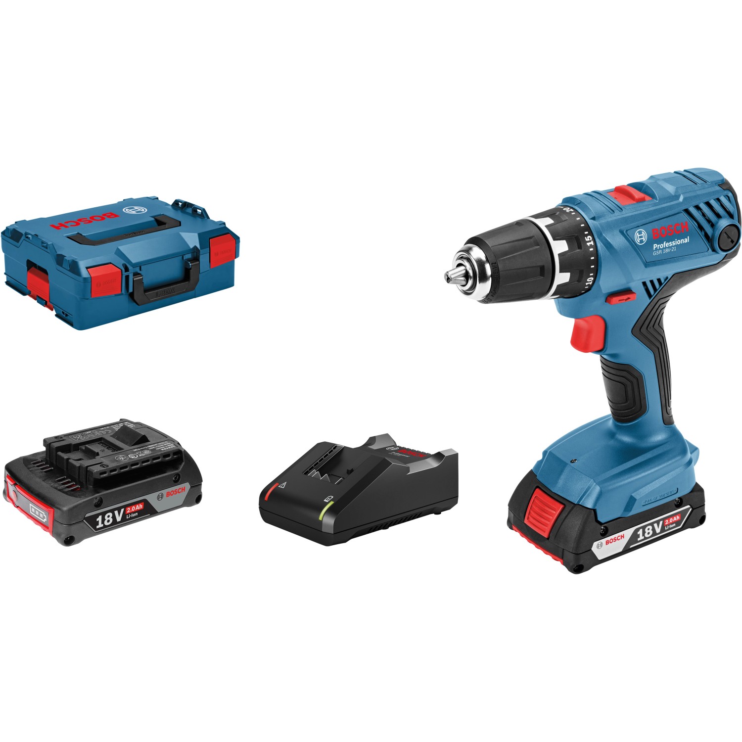 Bosch Professional Akku-Bohrschrauber GSR 18 V-21 mit 2x 2.0 Ah Akkus & L-Boxx