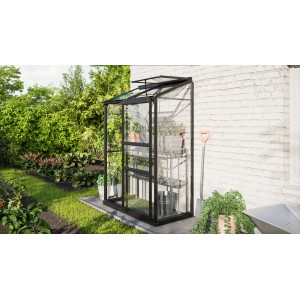 Schwarzes Vitavia Anlehn-Gewächshaus Ida 900 ESG mit Glas und Dachfenster an Hauswand.