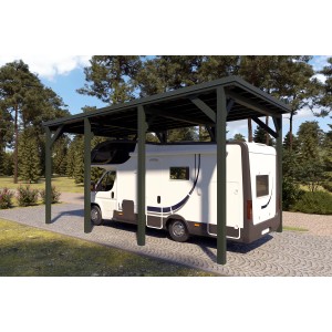 Holzbrüder Camping-Carport Ralf in Chromoxidgrün mit Wohnmobil. Blechdach in Dornengrün.