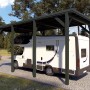 Holzbrüder Camping-Carport Ralf in Chromoxidgrün mit Wohnmobil. Blechdach in Dornengrün.