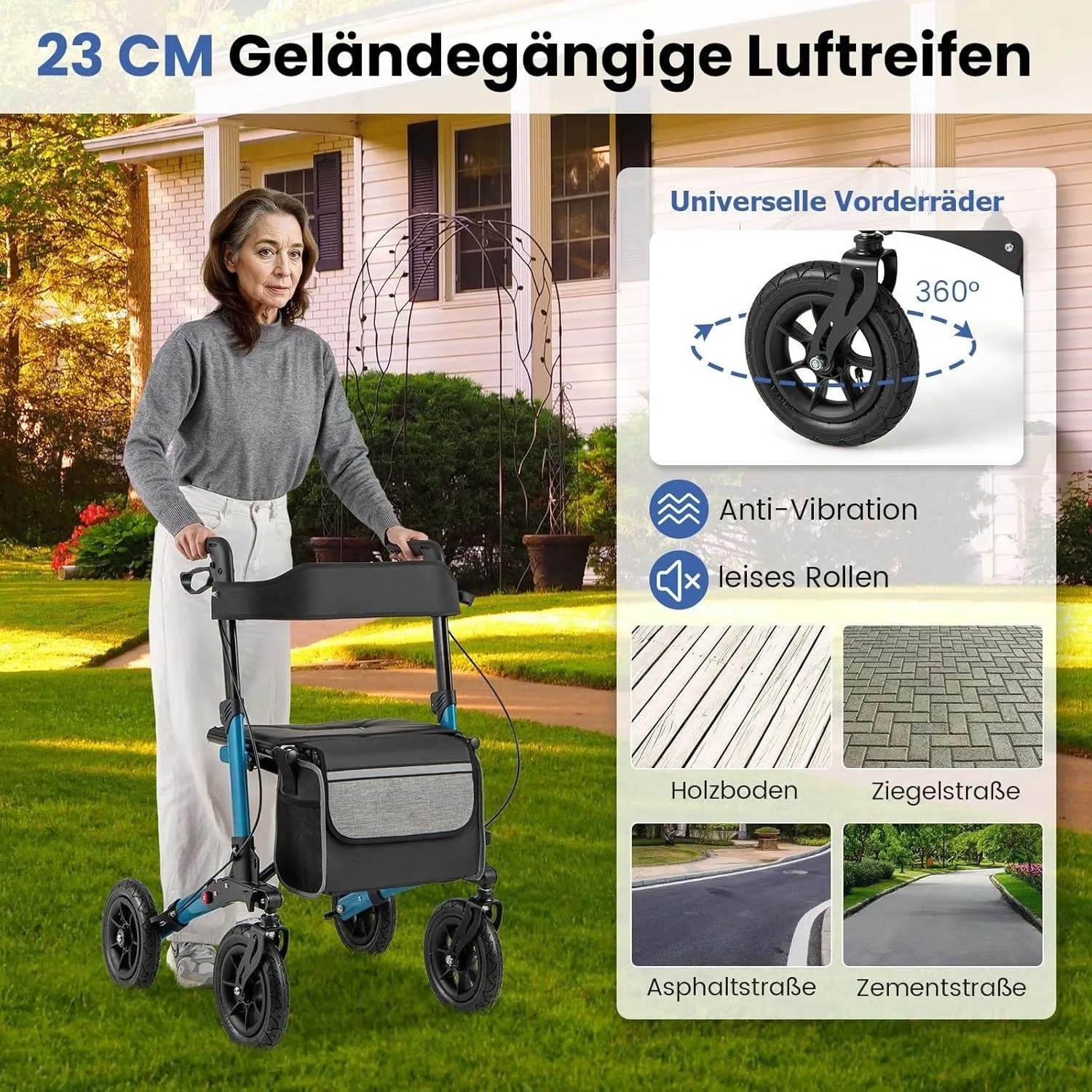 Seniorin nutzt blauen faltbaren Rollator mit 23cm Luftbereifung im Garten. Geländegängige Räder für diverse Untergründe.