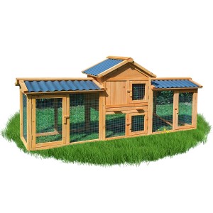 NYVI Hasenstall aus Holz mit blauem PVC-Dach und Auslaufgehege.