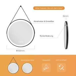 Runder Emke Badspiegel mit LED-Beleuchtung, dimmbar und beschlagfrei, Durchmesser 70 cm.