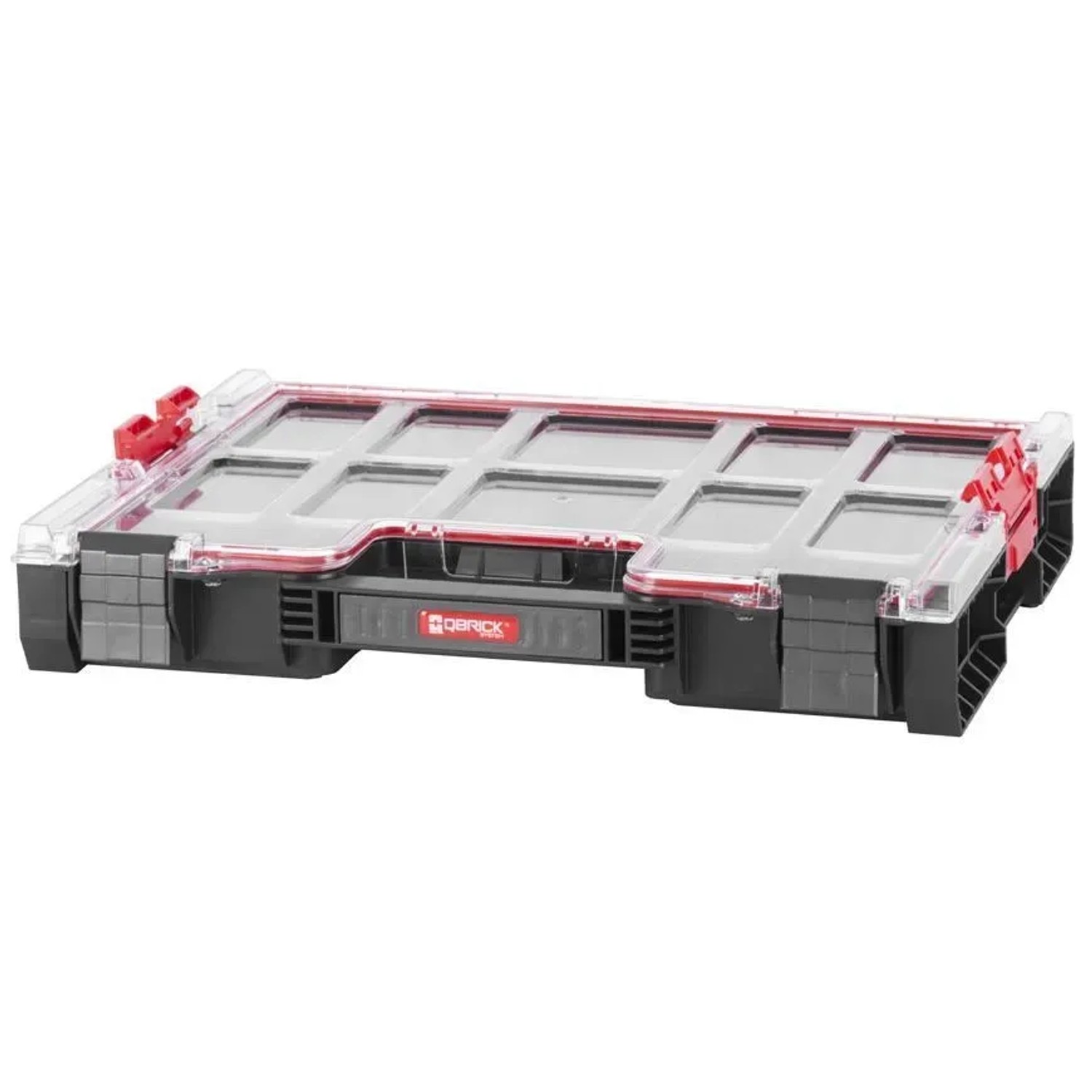 Schwarzer QBRICK Sortimentskasten Pro mit transparentem Deckel und Schaumstoffeinlage.