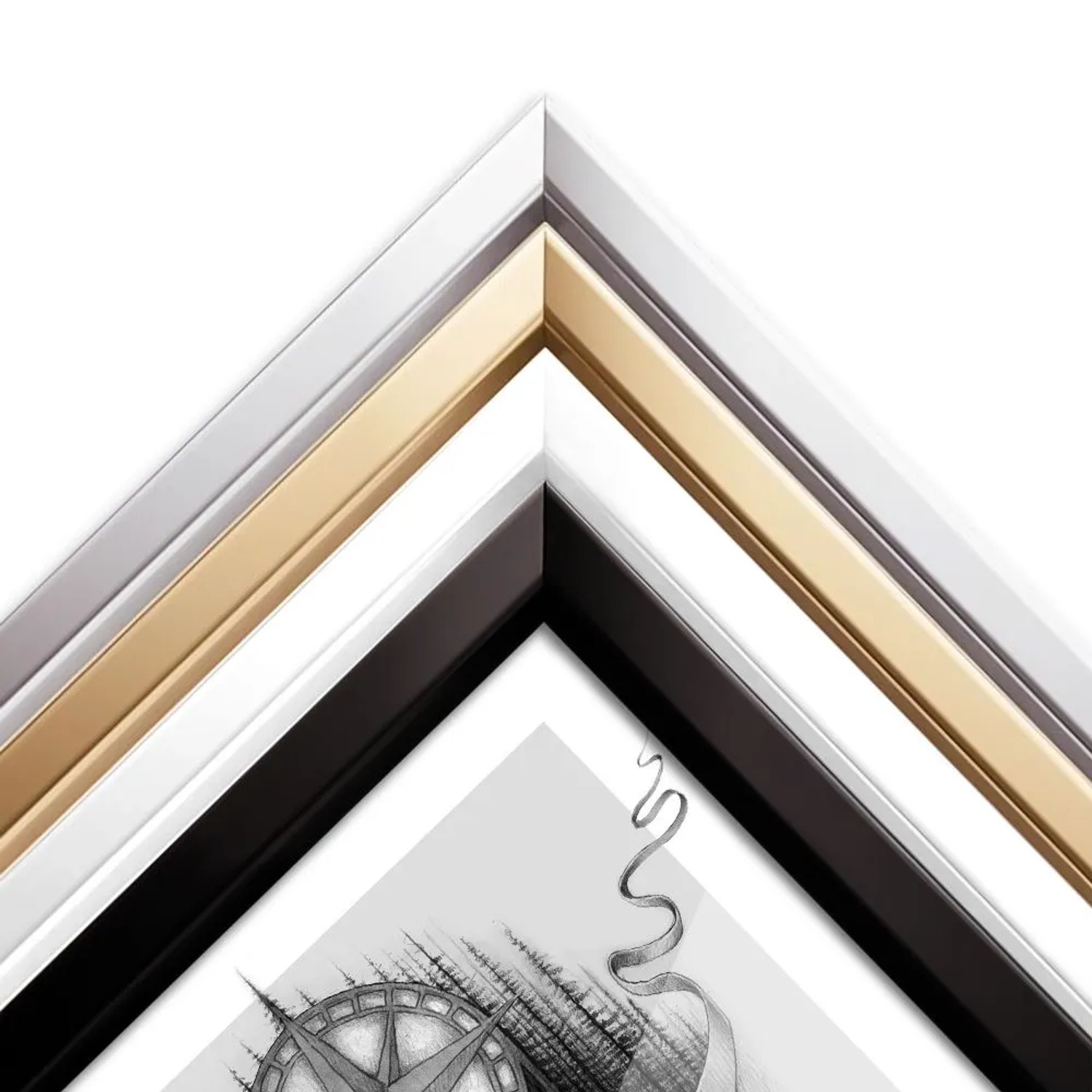 Detailansicht: Schwarzer Tulup Bilderrahmen 70x100 cm mit goldfarbenem, silbernem und weißem Rahmen.