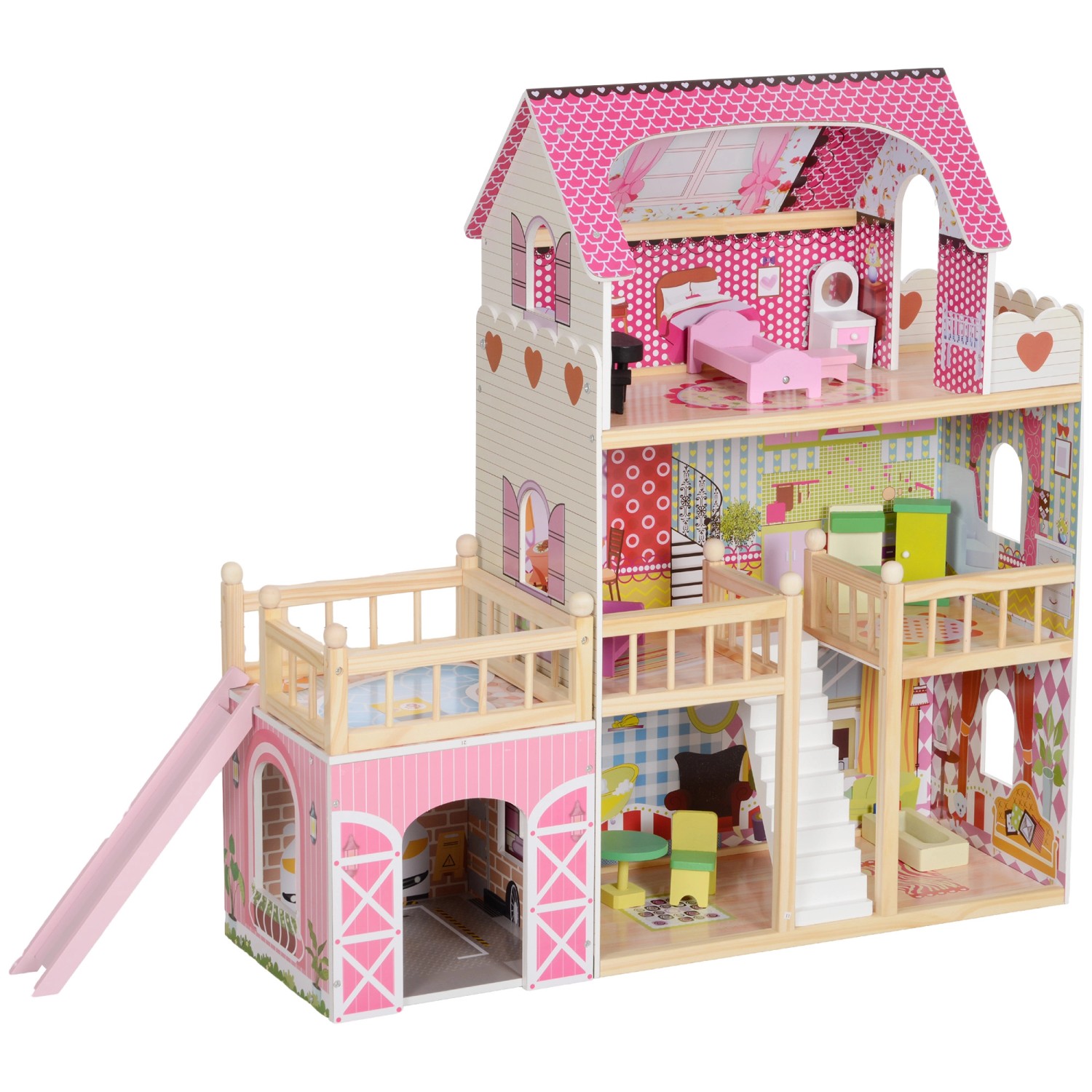 AIYAPLAY Puppenhaus  MDF Kiefernholz Rosa 114,5L x 32B x 92,1H cm