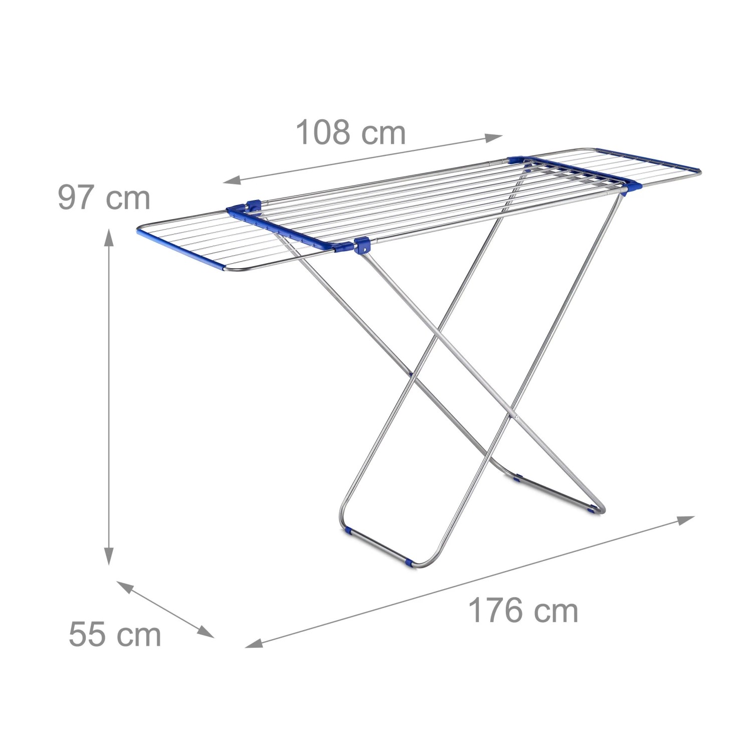 Relaxdays Wäscheständer Edelstahl Silber Blau Ausziehbar Klappbar Rutschfest 97 cm x 176 cm x 55 cm 2,4 kg_4