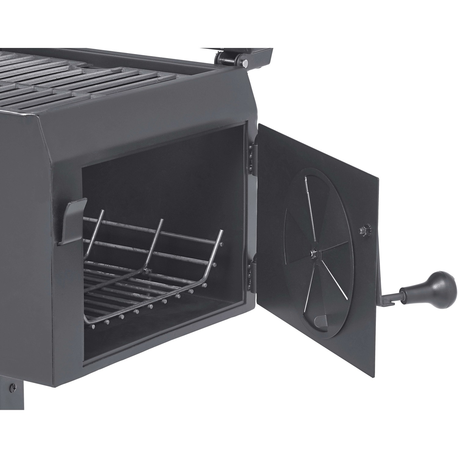 Detailaufnahme: Jamestown Kombigrill Drake Smoker mit offener Tür und Lüftungsklappe.