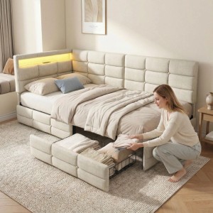 Tagesbett 140x200 cm Polsterbett mit LED USB und Stauraum in Beige