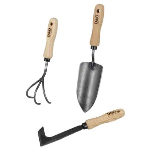 D&O Kleingeräte Set: Blumenkelle, Grubber, Fugenkratzer aus Borstahl mit Holzgriffen.