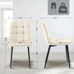 Set cremefarbener Esszimmerstühle Asti mit gestepptem Samtbezug und schwarzen Metallbeinen. 84x45x55 cm, 150 kg Belastbarkeit.