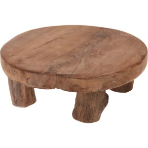Kleiner, runder Blumenständer aus Teakholz, naturfarben, mit drei Beinen.