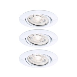 Drei weiße, runde Paulmann LED Einbaustrahler im 3er-Set, dimmbar, mit flachem Reflektor für warmweißes Licht.