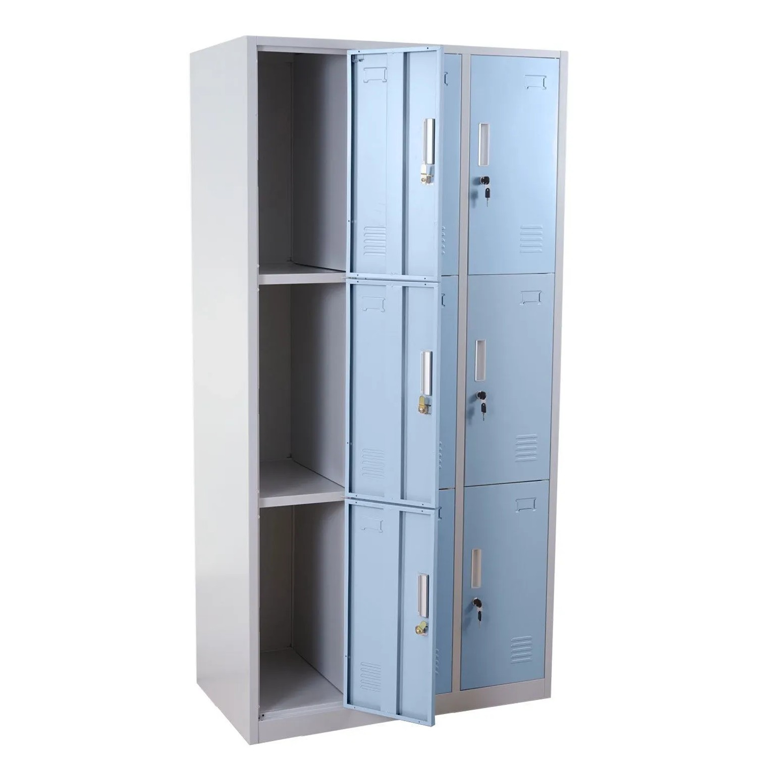 Proregal Schließfachschrank Saturn aus Metall, blau/grau, mit 9 Fächern, 180x90x50cm.