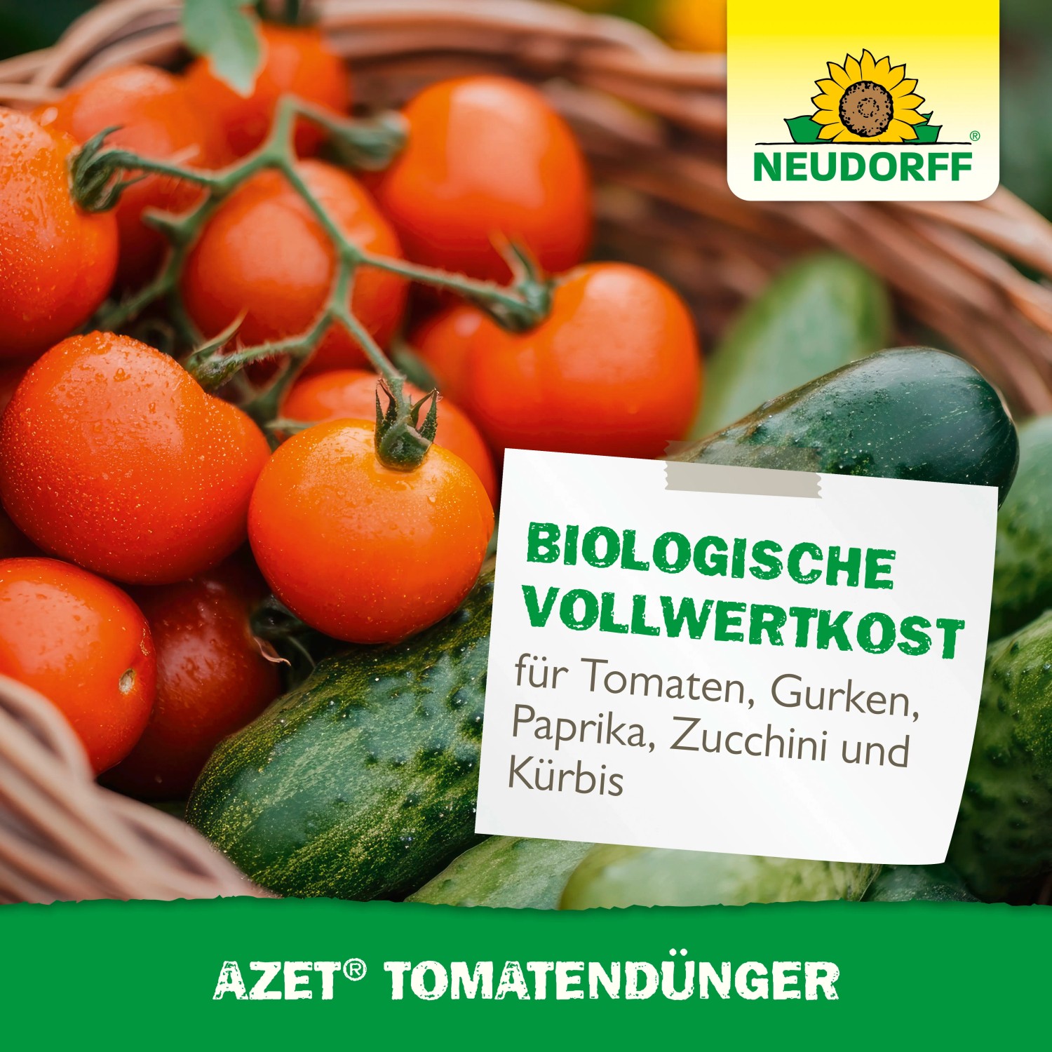 Neudorff Azet Tomatendünger im Korb mit Tomaten und Gurken. Biologischer Dünger für reiche Ernte.