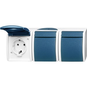 Busch-Jaeger Ocean 3-fach Steckdose, IP44, mit blauen Klappdeckeln.