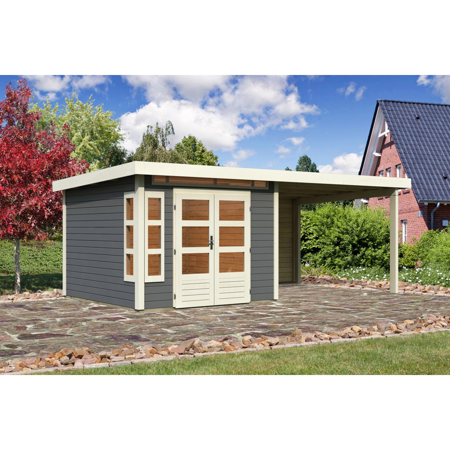 Karibu Holz-Gartenhaus/Gerätehaus Kastberg Terragrau Flachdach Lackiert 270 cm x 270 cm