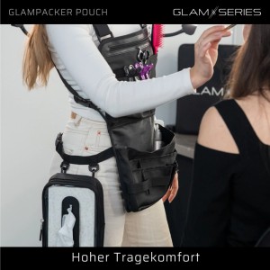 Schwarze Glamseries Organizer Schürze mit Fächern für Werkzeuge und Tasche für Tücher, getragen von Make-Up Artistin. Für Friseure & Kosmetik.