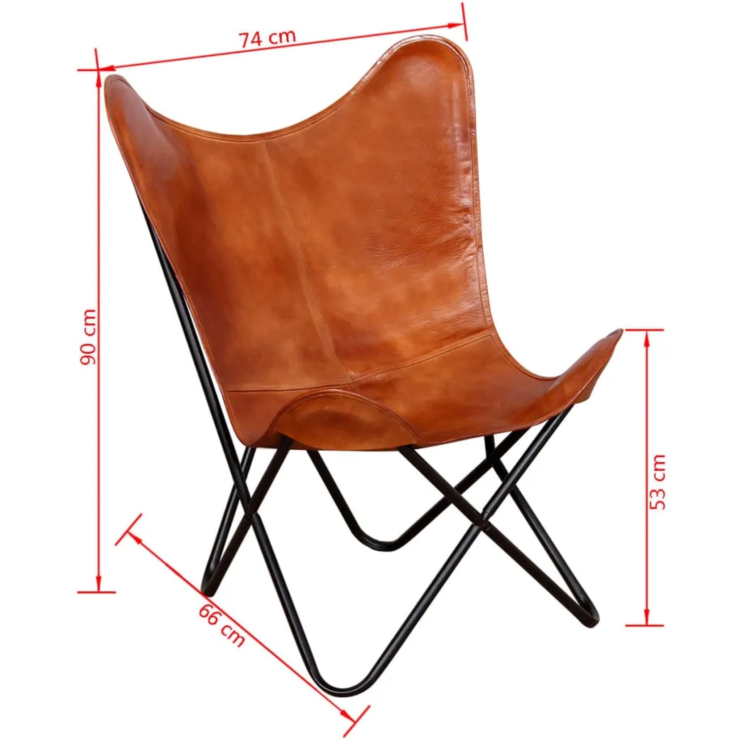 Brauner Butterfly-Sessel aus Echtleder mit schwarzem Metallgestell. Relaxsessel für Wohnzimmer und mehr.
