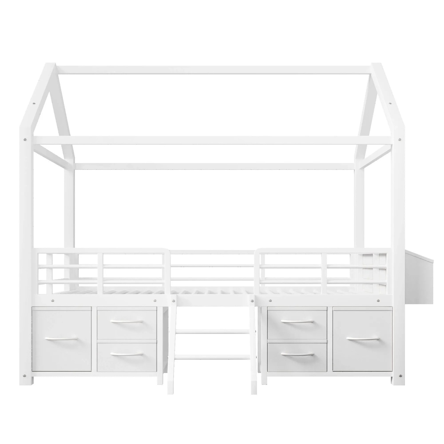 Merax Metall Hochbett 90x200 cm Mit Hausdach Stoffschubladen LED Weiß