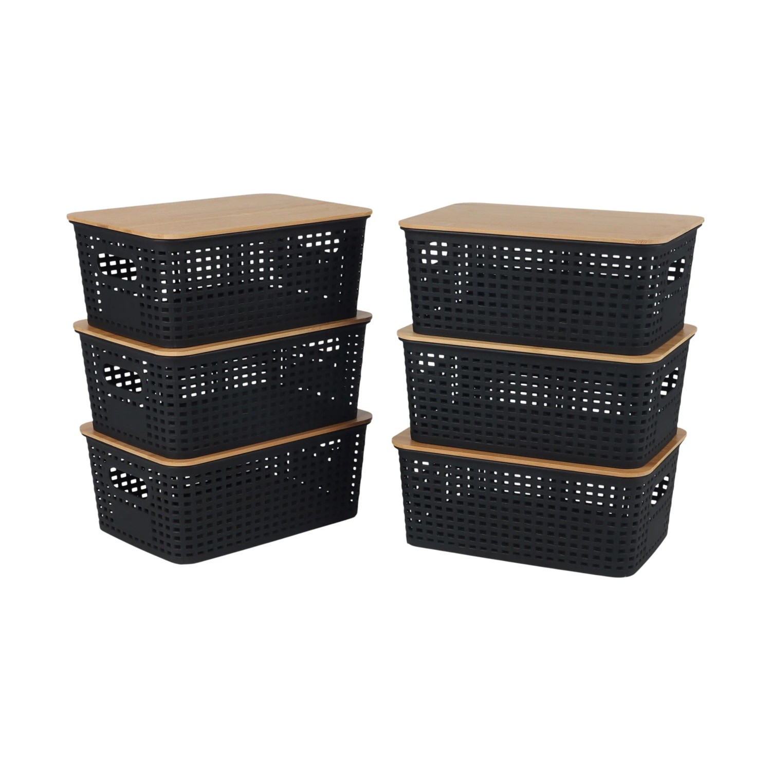 Relaxdays Aufbewahrungsbox Kunststoff Bambus Schwarz 6er-Pack mit Bambusdeckel 10,5 cm x 25,5 cm x 18 cm