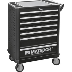 Schwarzer Matador Profi-Werkstattwagen Ratio mit 7 Schubladen und Rollen.