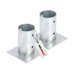 Zwei HOLLMAX Aufschraubhülsen, verzinkt, silber, für 80 mm Rundholzpfosten. Robuste Pfostenträger mit Bodenplatte.