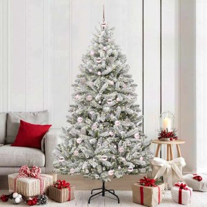 Geschmückter, künstlicher, grün-weißer Weihnachtsbaum (210 cm) mit rosa Kugeln und LED-Lichtern.