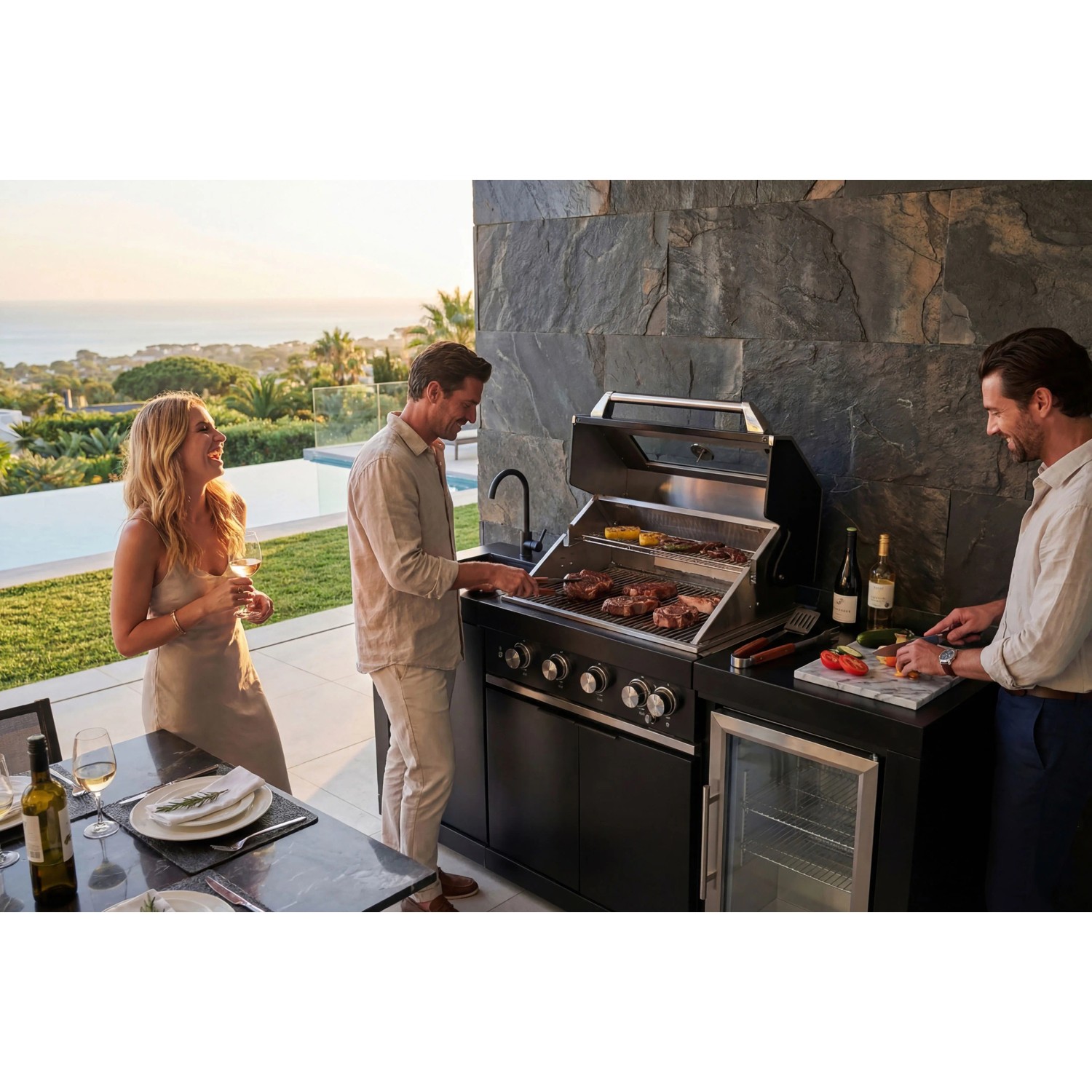 Buschbeck Outdoorküche Liverpool Schwarz mit Grill, Spüle, Kühlschrank und Personen.