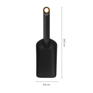 Schwarze Fiskars Handschaufel mit hohem Rand für Gartenarbeiten.